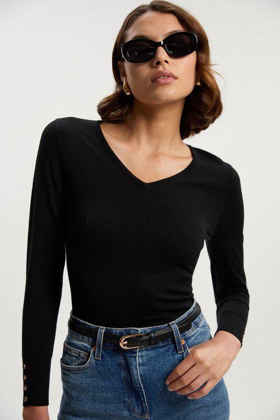Karen Millen UK SALE Viscose Blend Knitted V Neck Jumper - black