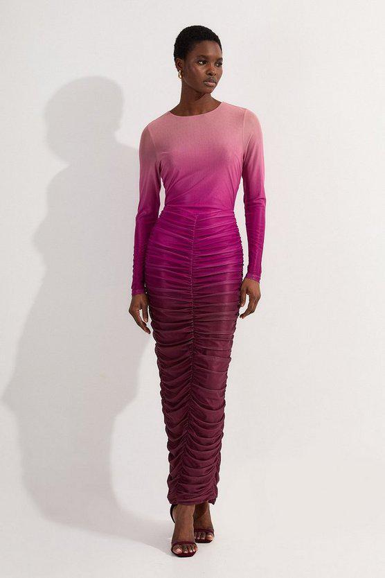 Karen Millen UK SALE Ombre Printed Mesh Ruched Long Sleeve Maxi Dress - pink