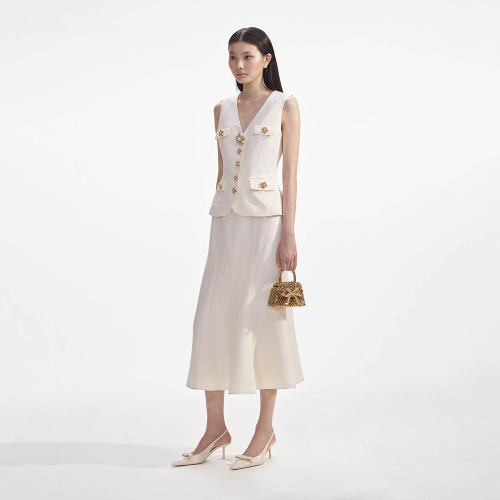 SELF PORTRAIT SS24 Cream Linen Midi Dress