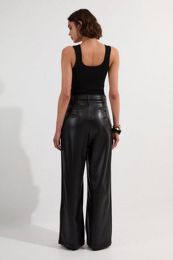 Karen Millen UK SALE Faux Leather High Waisted Wide Leg Trousers - black