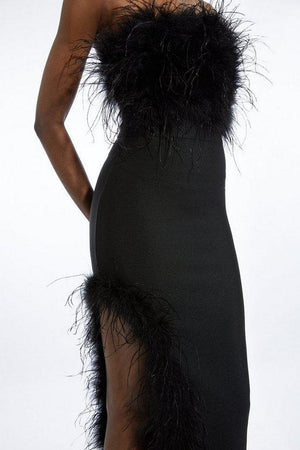 Karen Millen UK SALE Figure Form Bandage Feather Detail Bandeau Knit Midi Dress - black