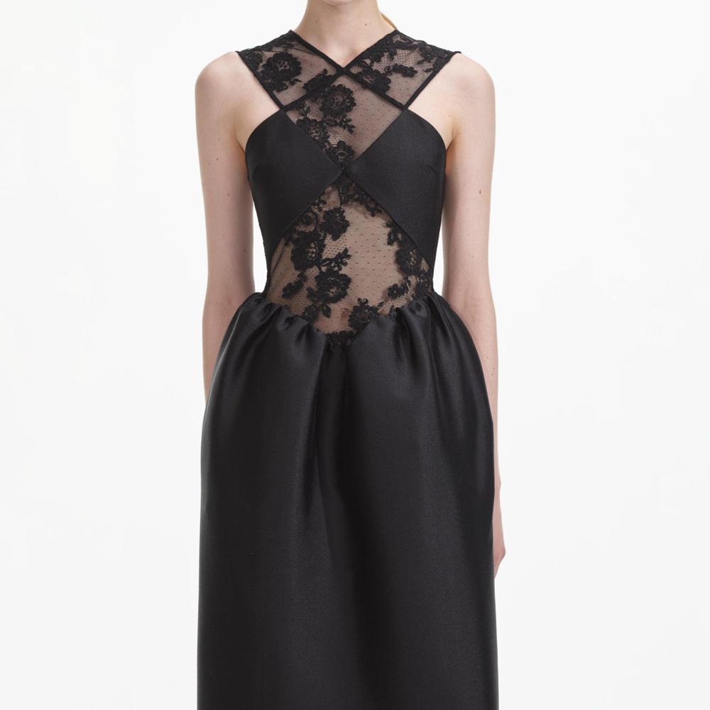 SELF PORTRAIT SS24 Black Lace Taffeta Maxi Dress