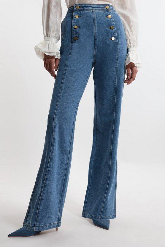 Karen Millen UK SALE Denim Tailored Button Front Straight Leg Jeans - mid blue
