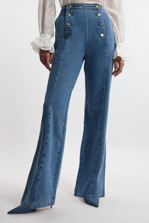 Karen Millen UK SALE Denim Tailored Button Front Straight Leg Jeans - mid blue