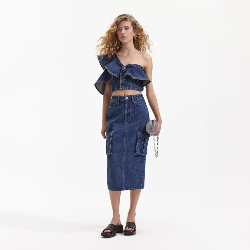 SELF PORTRAIT BLACK FRIDAY SALE Denim Cargo Midi Skirt