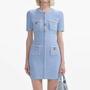 SELF PORTRAIT SS24 Blue Jewel Button Knit Mini Dress