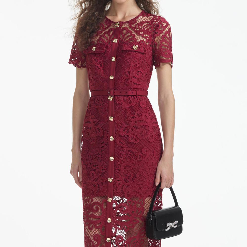 SELF PORTRAIT SS24 Red Guipure Lace Button Midi Dress