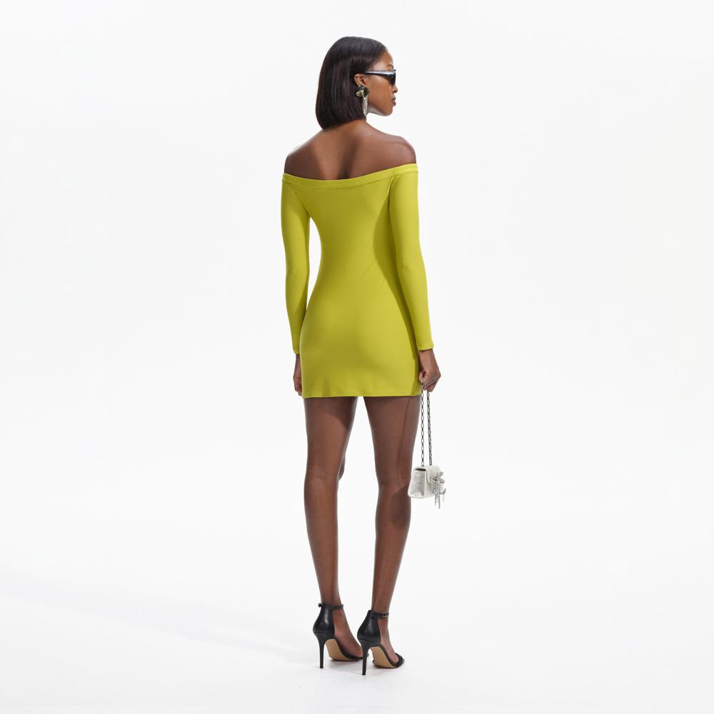 SELF PORTRAIT BLACK FRIDAY SALE Chartreuse Off Shoulder Mini Dress