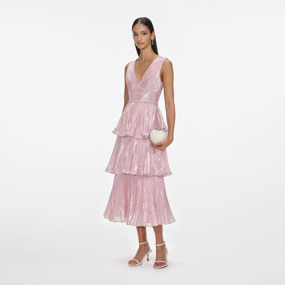 SP VIP PRICE Pink Metallic Tiered Midi Dress