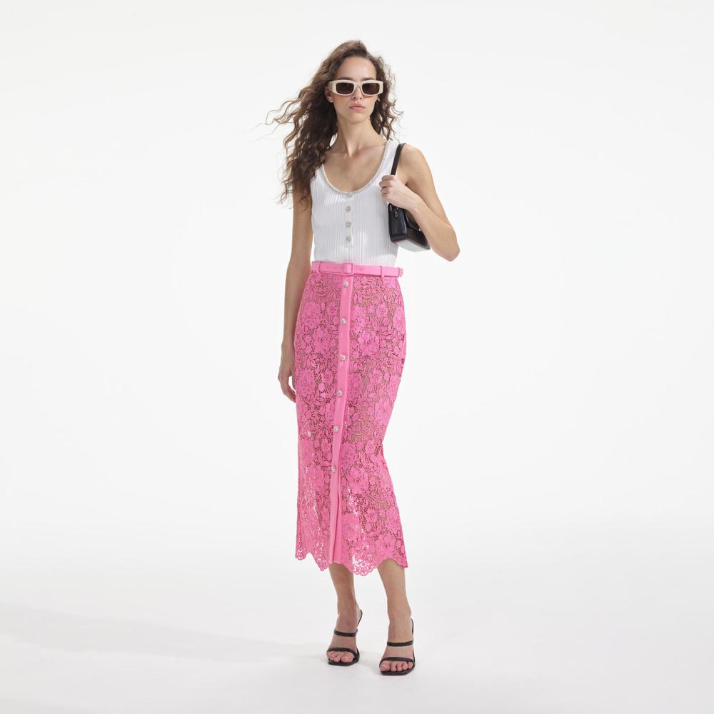 SELF PORTRAIT SS24 Pink Lace Midi Skirt