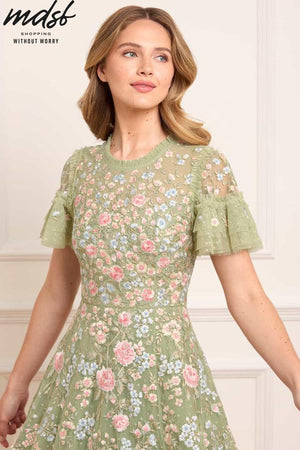 Needle & Thread PO and SALE Antoinettes Floral Round Neck Ankle Gown - green