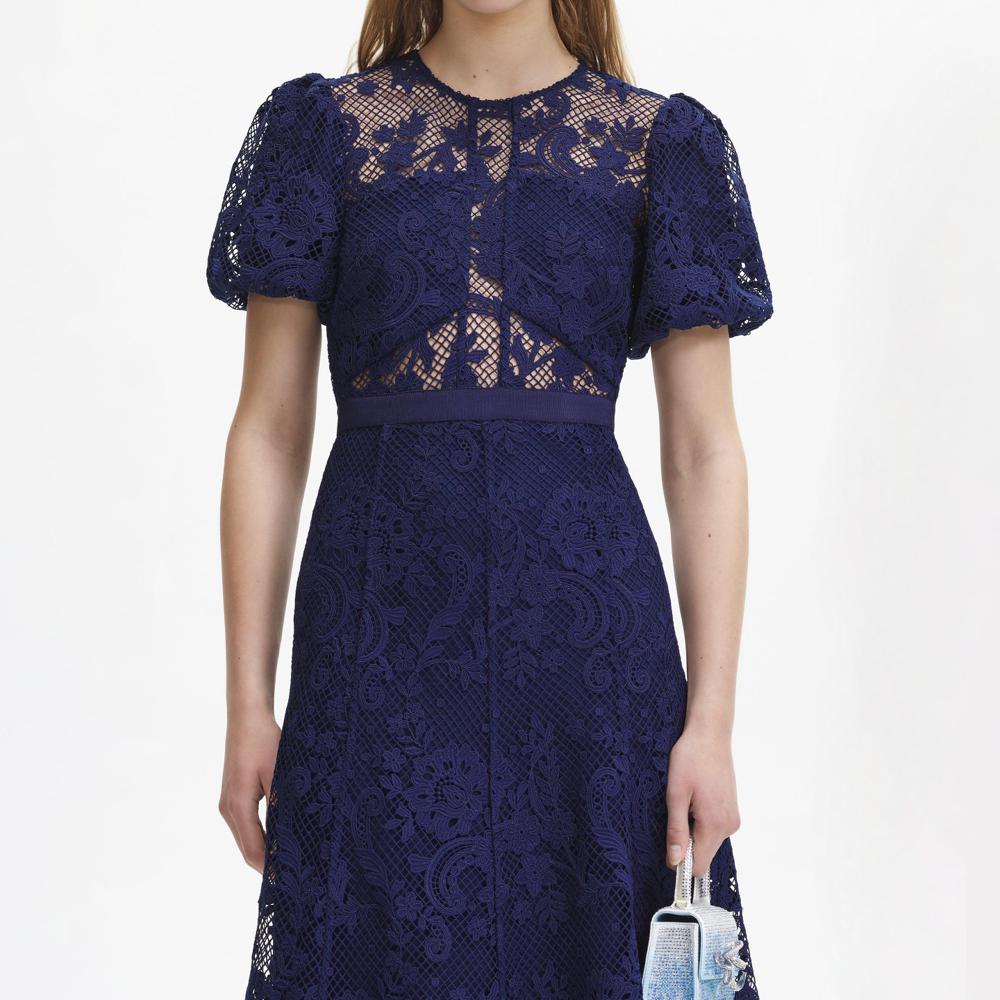 SELF PORTRAIT BLACK FRIDAY SALE Navy Lace Puff Sleeve Midi Dress