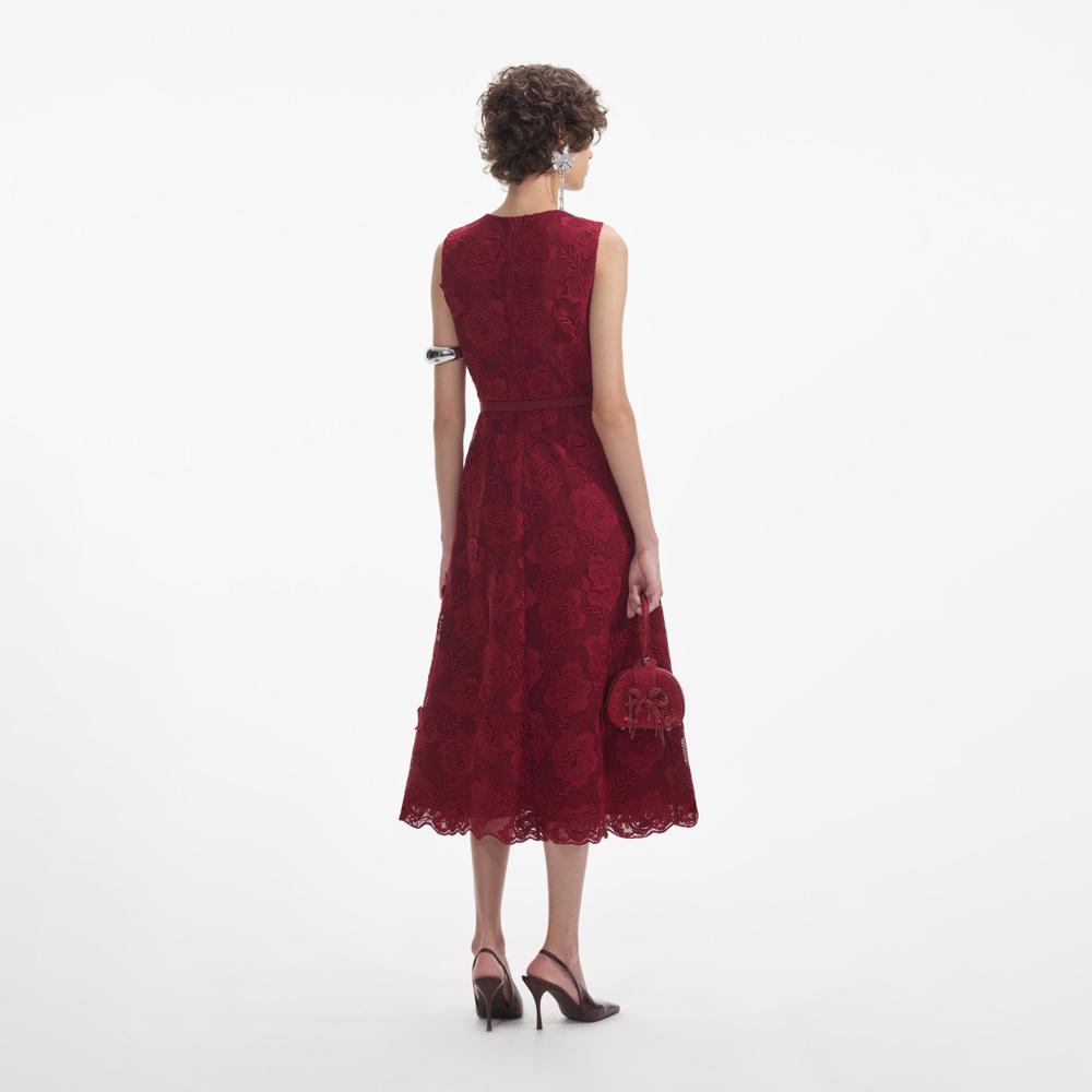 SELF PORTRAIT SS24 Burgundy Lace Buttoned Midi Dress