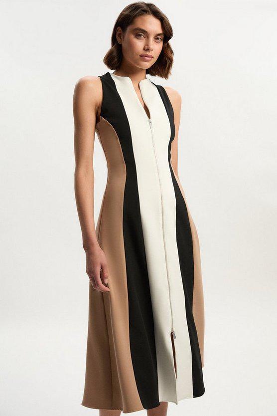 Karen Millen UK SALE Compact Stretch Zip Through Colourblock Tailored Midi Dress