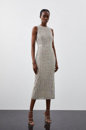 Karen Millen UK SALE Petite Embellished Woven Midi Dress - silver