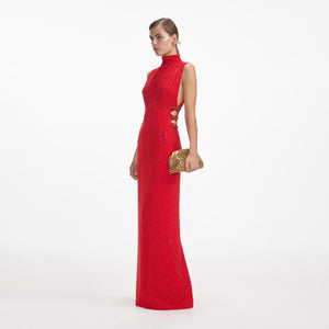 SELF PORTRAIT SS24 Red Rhinestone Crepe Maxi Dress