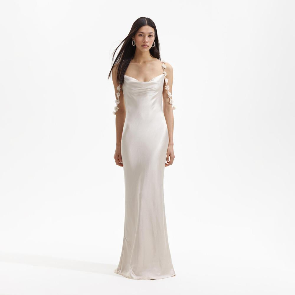 SP VIP PRICE Champagne Satin Flower Maxi Dress
