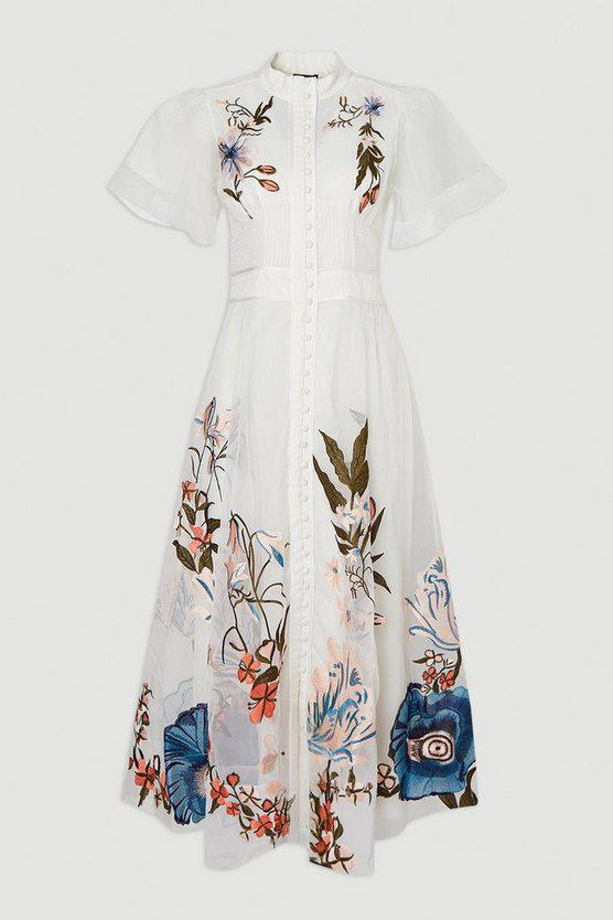 Karen Millen UK SALE Botanical Embroidery Organdie Angel Sleeve Midi Dress