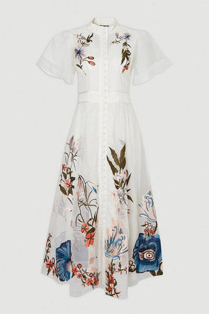 Karen Millen UK SALE Botanical Embroidery Organdie Angel Sleeve Midi Dress