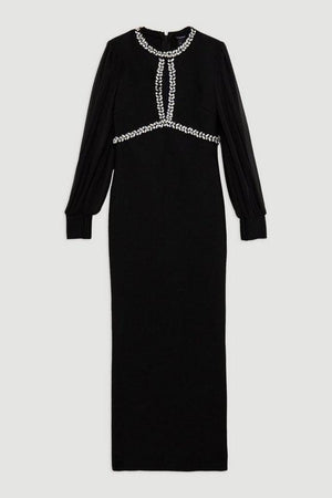 Karen Millen UK SALE Embellished And Chiffon Sleeve Figure Form Knit Midaxi Dress - black