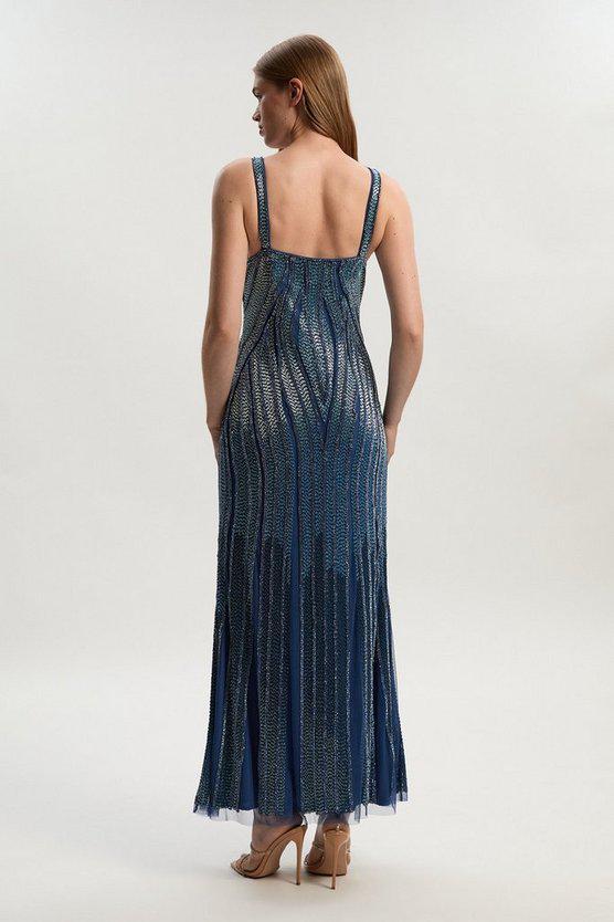 Karen Millen UK SALE Beaded Contour Sweet Heart Neckline Woven Maxi Dress - blue