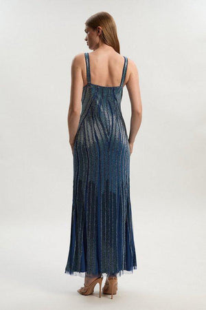 Karen Millen UK SALE Beaded Contour Sweet Heart Neckline Woven Maxi Dress - blue