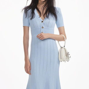 SELF PORTRAIT SS24 Blue Pointelle Knit Midi Dress