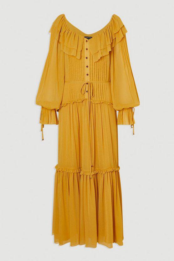 Karen Millen UK SALE Georgette Ruffle Woven Maxi Dress - ochre