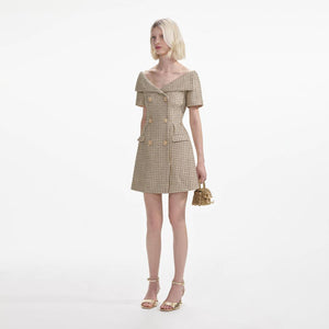 SELF PORTRAIT SS24 Gold Boucle Open Neck Mini Dress