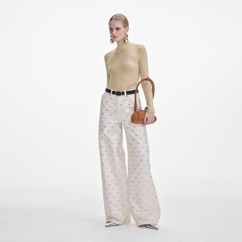 SP VIP PRICE Cream Denim Diamante Bow Jeans