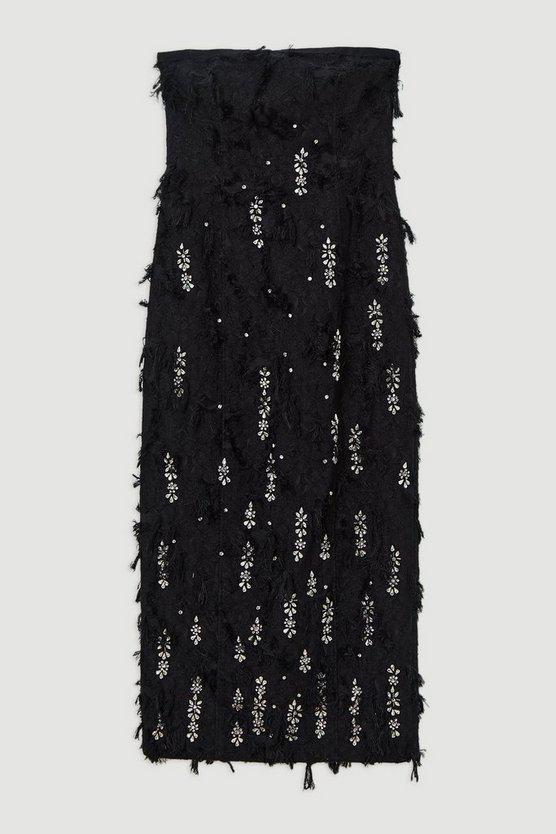 Karen Millen UK SALE Crystal Embellished Textured Jacquard Bandeau Tailored Midaxi Dress - black