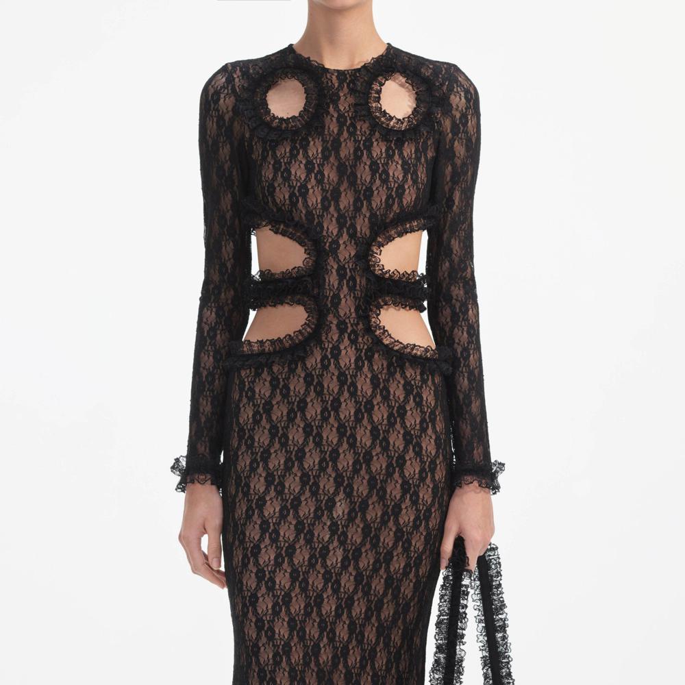 SELF PORTRAIT SS25 VIP PRICE Black Lace Cut Out Maxi Dress