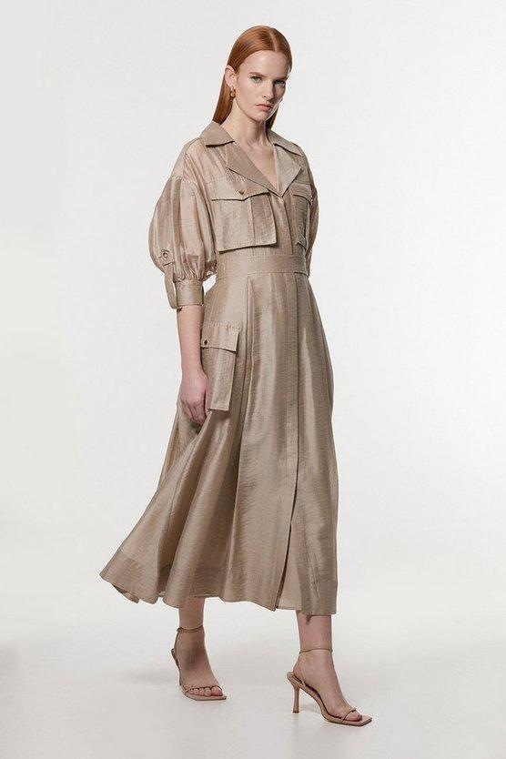 Karen Millen UK SALE Organdie Slub Utility Pocket Detail Woven Shirt Dress