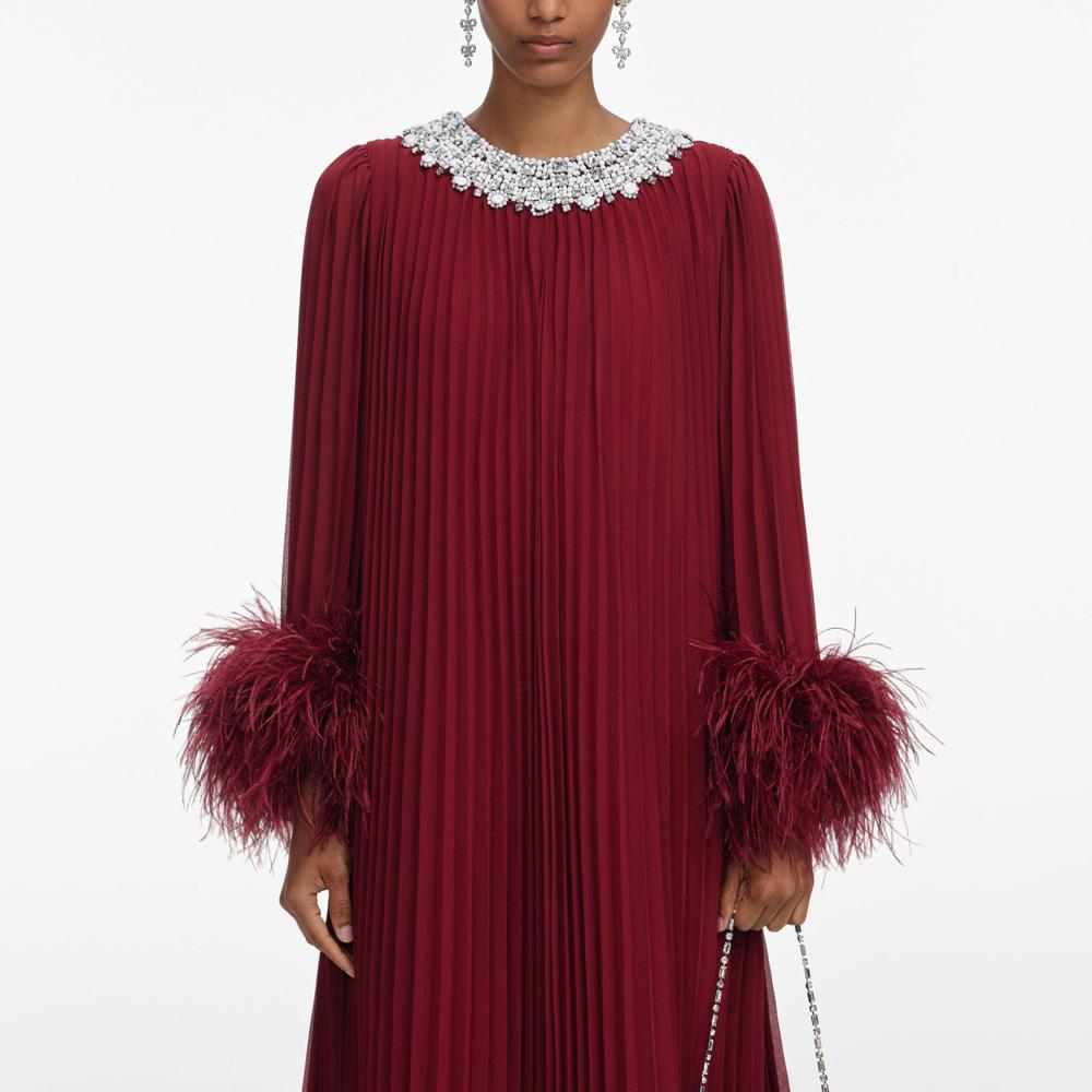 SP VIP PRICE Burgundy Chiffon Feather Midi Dress