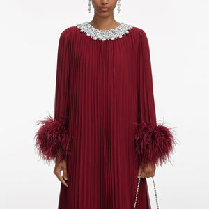 SP VIP PRICE Burgundy Chiffon Feather Midi Dress