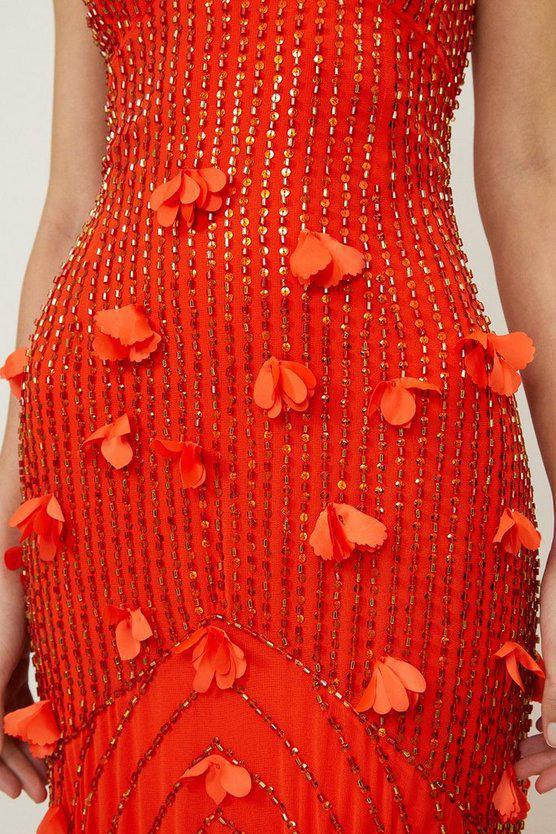 Karen Millen UK SALE Floral Applique Crystal Embellished Woven Maxi Rosette Maxi Dress - orange