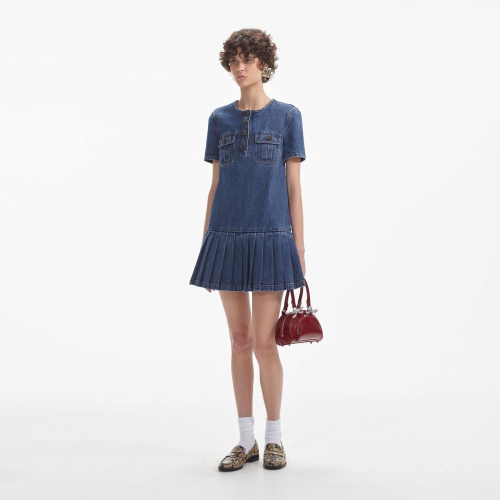 SELF PORTRAIT SS24 Pleated Denim Mini Dress