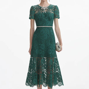 SELF PORTRAIT SS24 Green Lace Diamante Bow Midi Dress