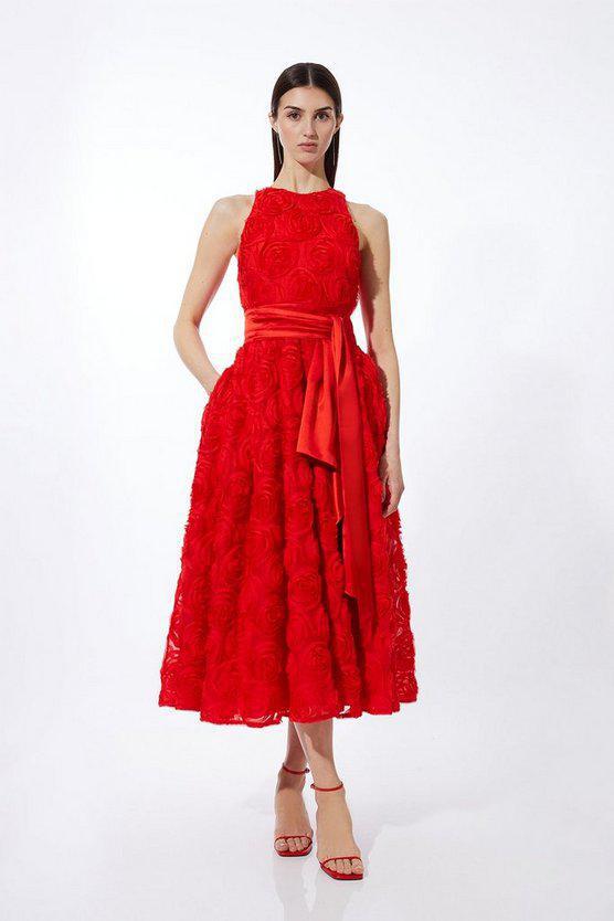 Karen Millen UK SALE Romantic Rosette Texture Woven Prom Midi Dress - red