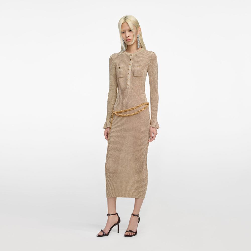 SP VIP PRICE Gold Lurex Ribbed Knit Midi Dress