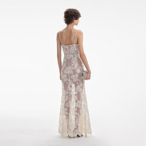 SELF PORTRAIT SS24 Cream Rhinestone Lace Maxi Dress