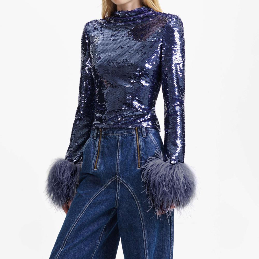 SELF PORTRAIT BLACK FRIDAY SALE Navy Sequin Feather Top