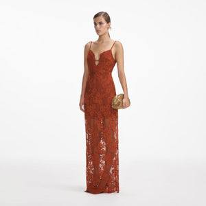 SELF PORTRAIT SS24 Brown Lace Maxi Dress