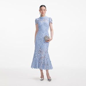 SELF PORTRAIT SS24 Blue Flower Lace Contrast Collar Midi Dress