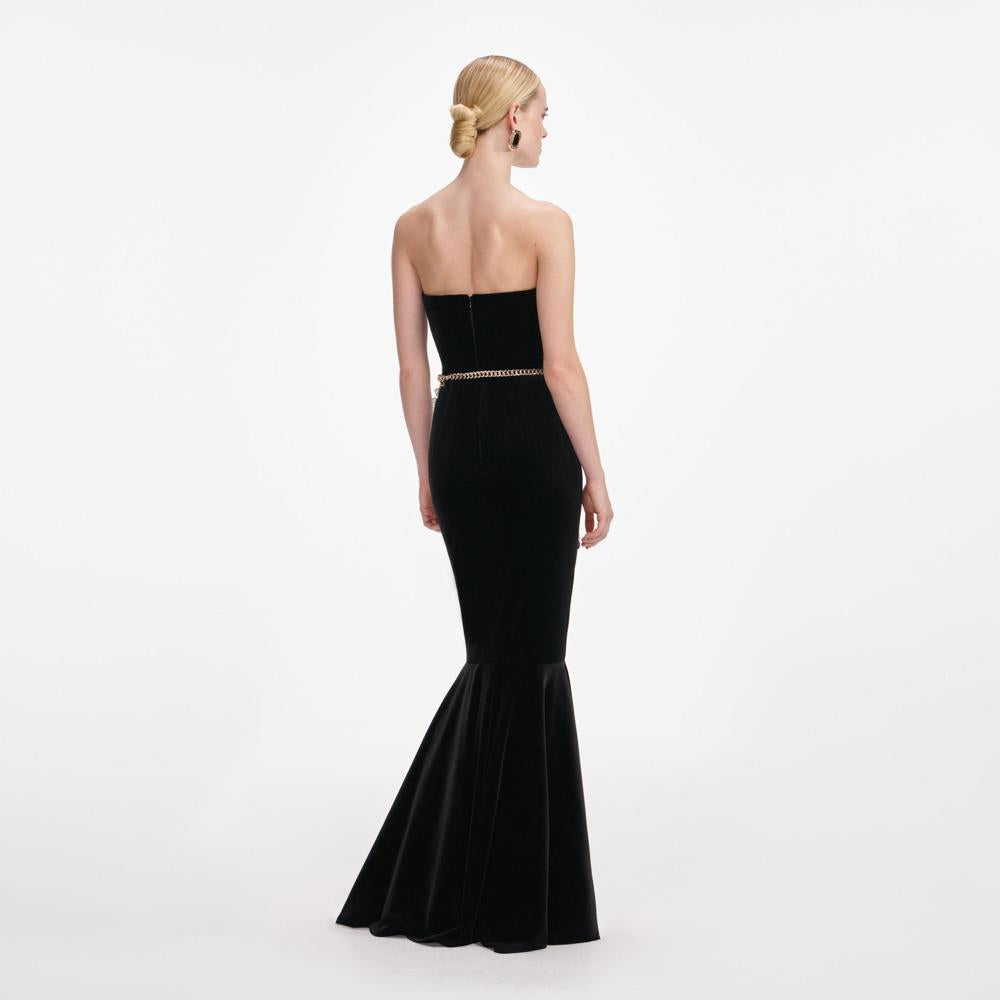 SP VIP PRICE Black Velvet Chain Belt Maxi Dress