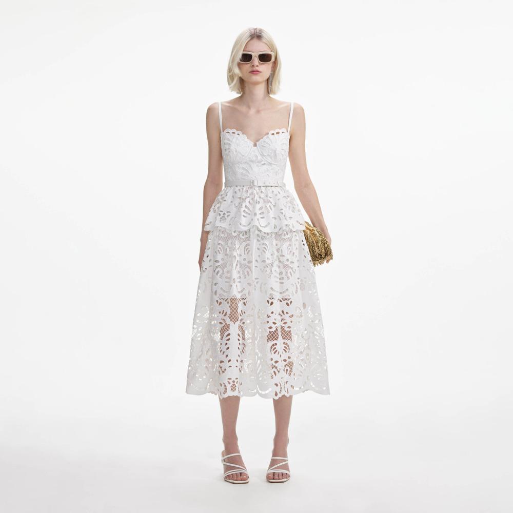 SELF PORTRAIT SS24 White Cotton Lace Tiered Midi Dress