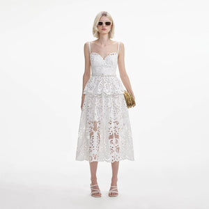 SELF PORTRAIT SS24 White Cotton Lace Tiered Midi Dress