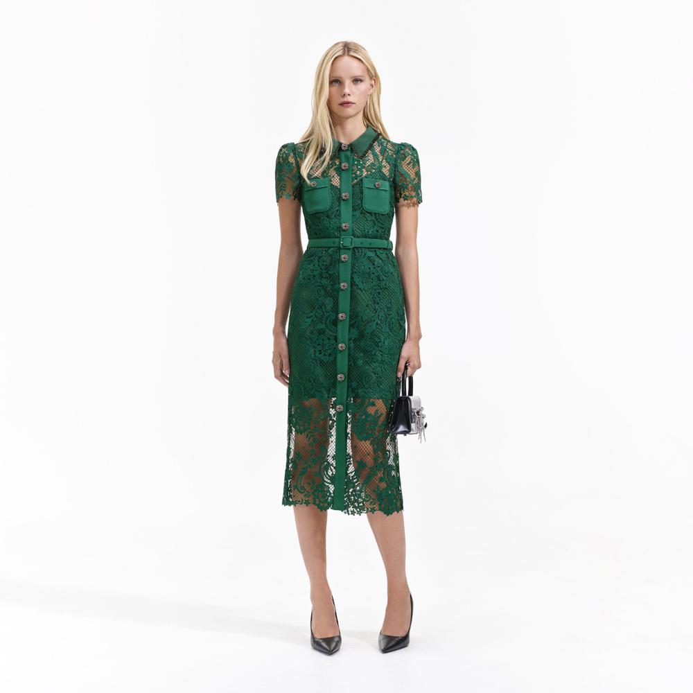 SELF PORTRAIT BLACK FRIDAY SALE Green Lace Button Front Midi Dress