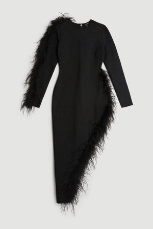 Karen Millen UK SALE Figure Form Bandage Knit Split Feather Hem Midi Dress - black