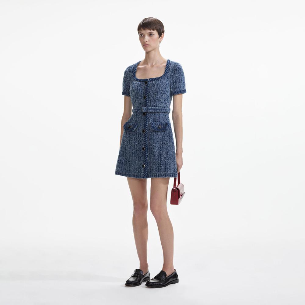 SELF PORTRAIT SS24 Textured Denim Short Sleeve Mini Dress